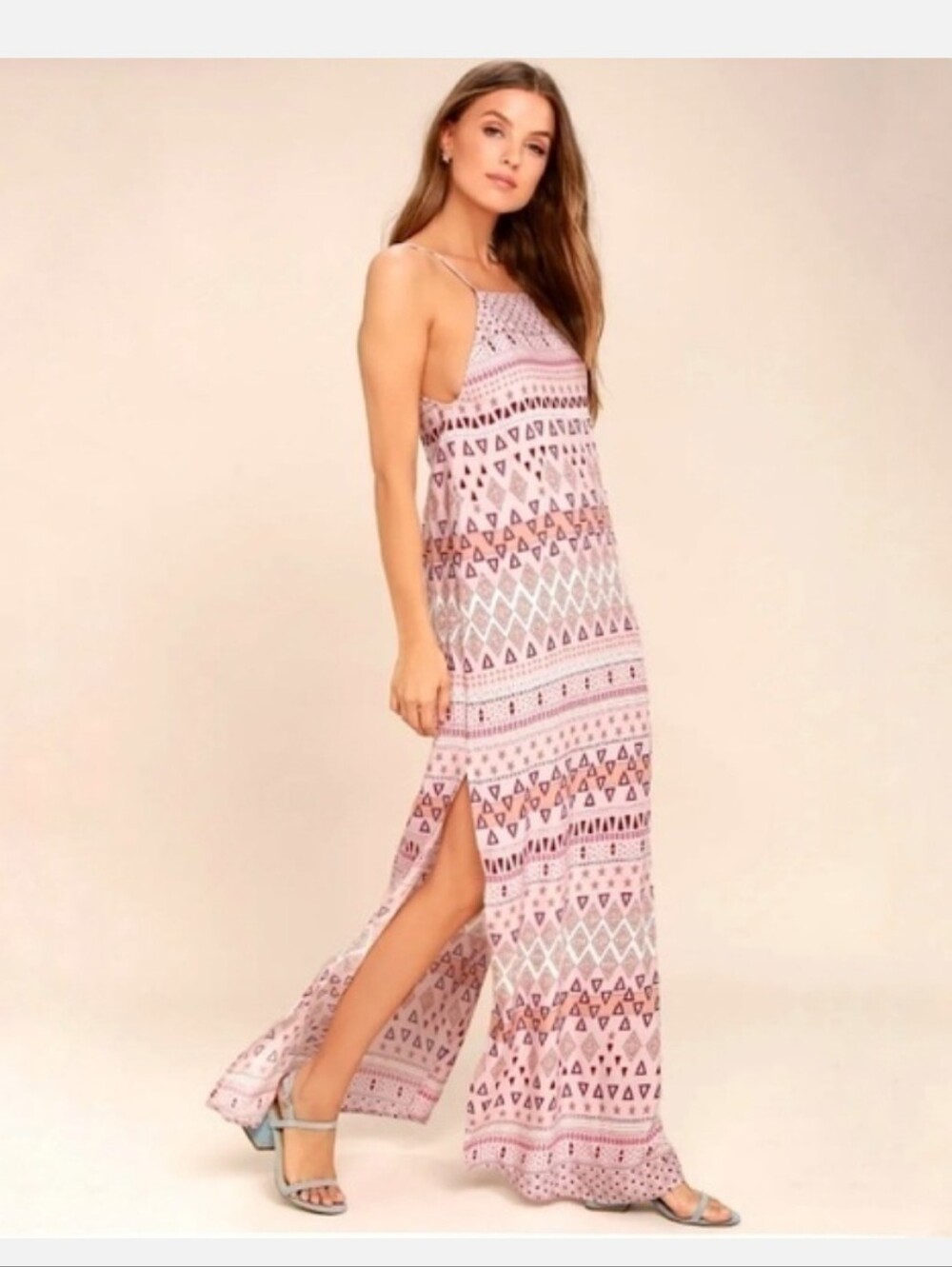 Lulus Mosaic Days Blush Pink Geometric Side Slit Print Maxi Dress Women's S